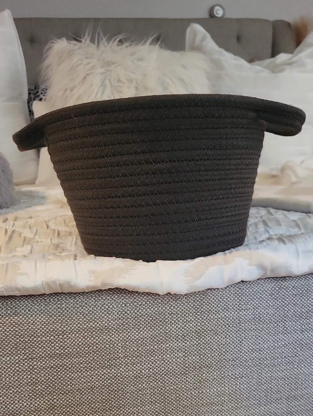 Adorable Small Gray Woven Fabric Storage Basket 🩶 Boho Farmhouse Fall